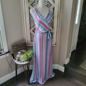 L Love Women's Surplice Twisted Halter Belted Maxi Dress in Pastel Stripe